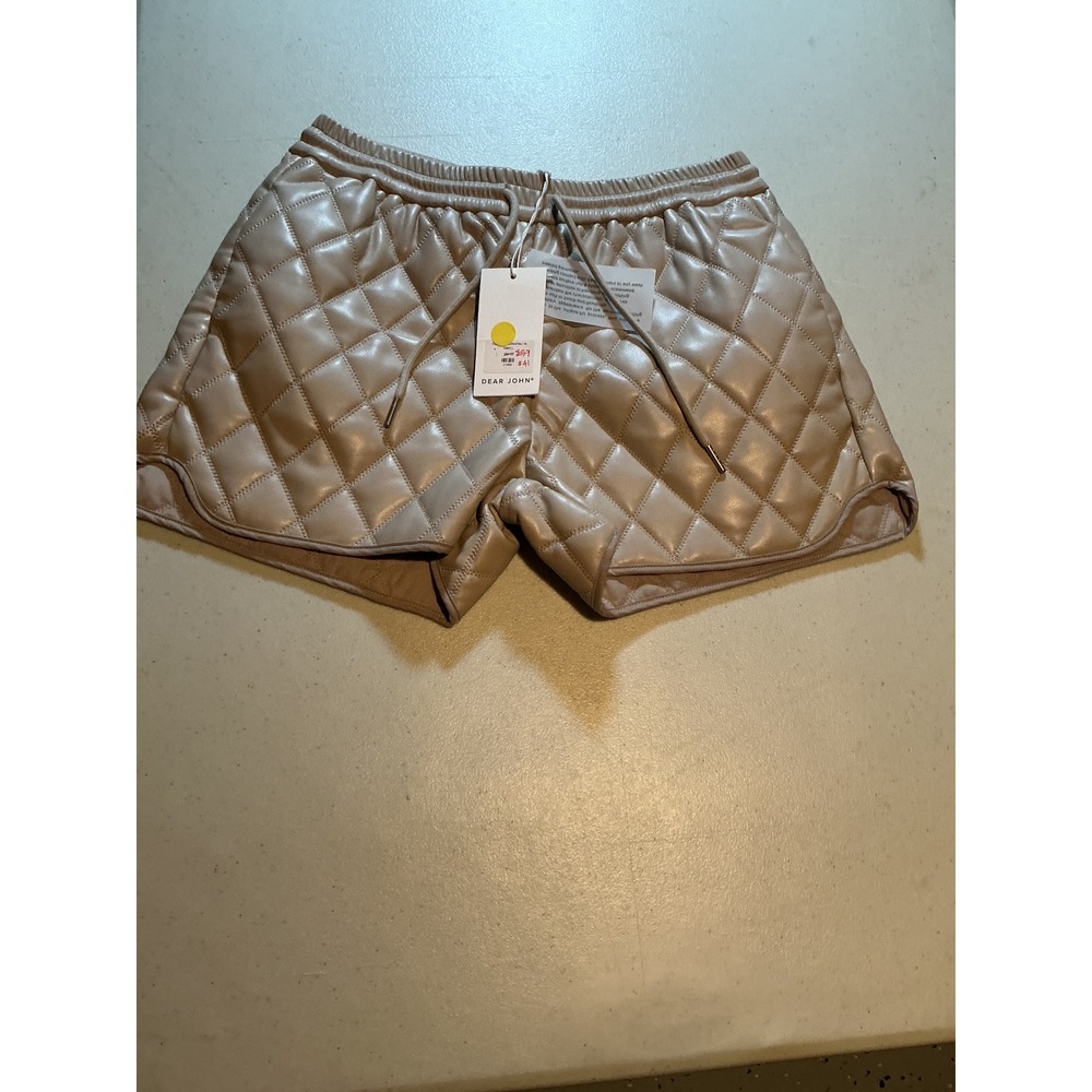 Dear John Quilted Faux Leather Shorts Beige Elastic Waist Drawstring Small NWT